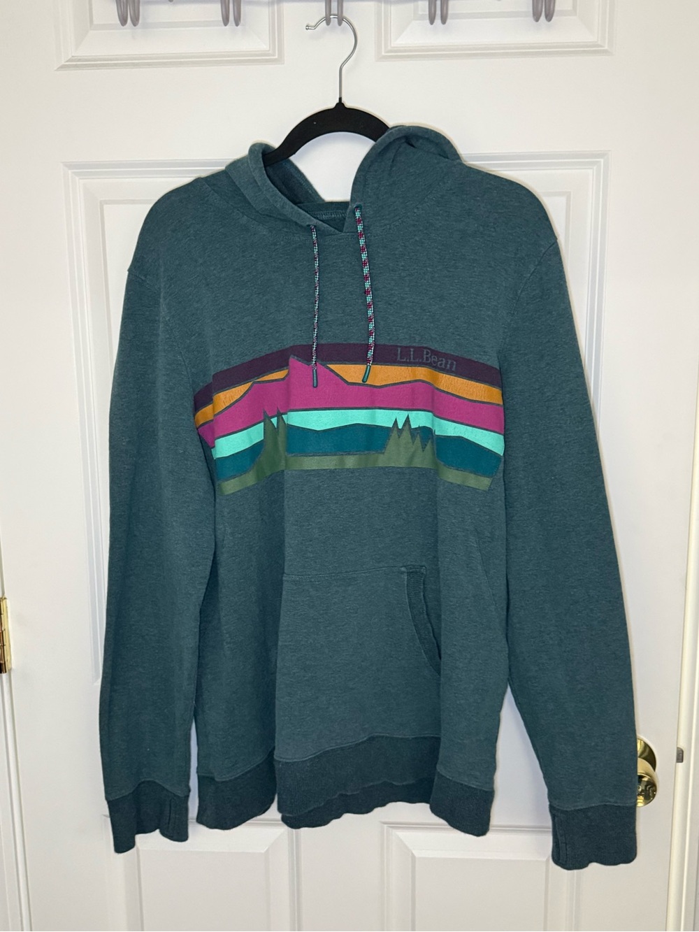 L.L. Bean women’s Dark Teal Hooded Sweatshirt with Multicolor Graphic XL
